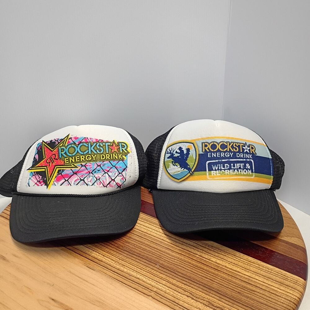2 VTG Rockstar Energy Drink Wild Life Recreation Adjustable Trucker Cap Hat